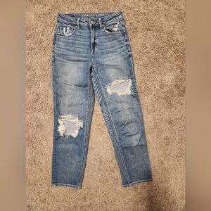 American Eagle Distressed Stretch Mom Jeans, Medium Wash, Size 4
